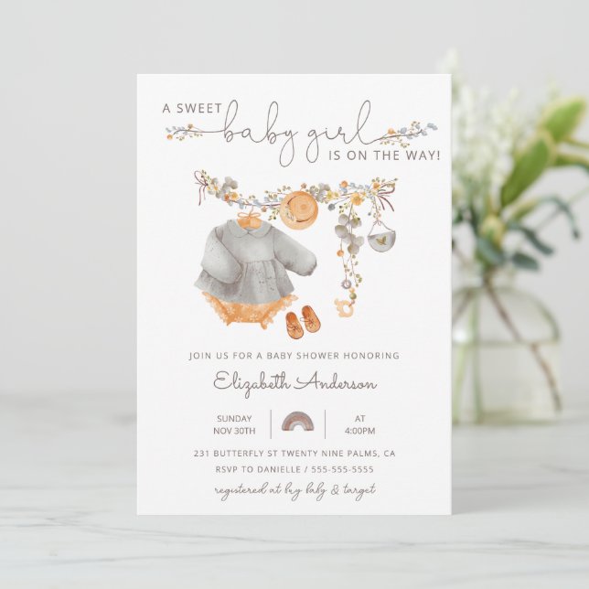 Sweet Boho Clothesline Girl Baby Shower Invitation (Standing Front)