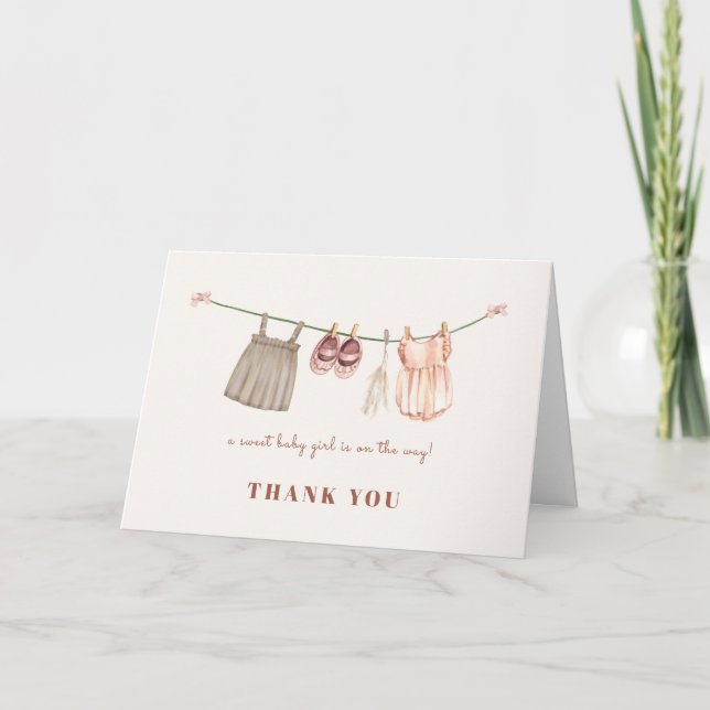 Sweet Boho Clothesline Girl Baby Shower Thank You Card (Front)