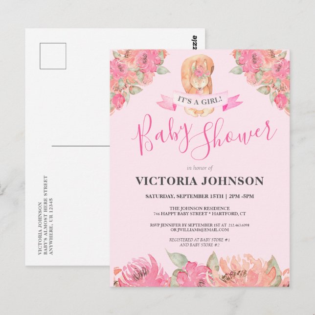 Sweet Boho Floral Squirrel Woodland Baby Shower Postcard (Front/Back)