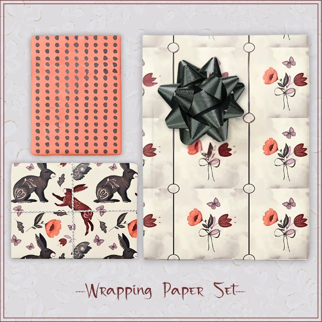 Sweet boho folk art rabbit butterfly floral Hygge Wrapping Paper Sheet (Creator Uploaded)