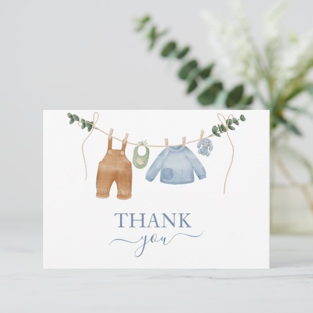 Sweet Boho Neutral Clothesline Boy Baby Shower Thank You Card (Standing Front)