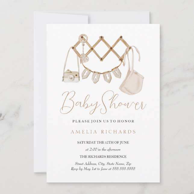 Sweet Boho Neutral Dusty Pink Baby Shower Invitation (Front)