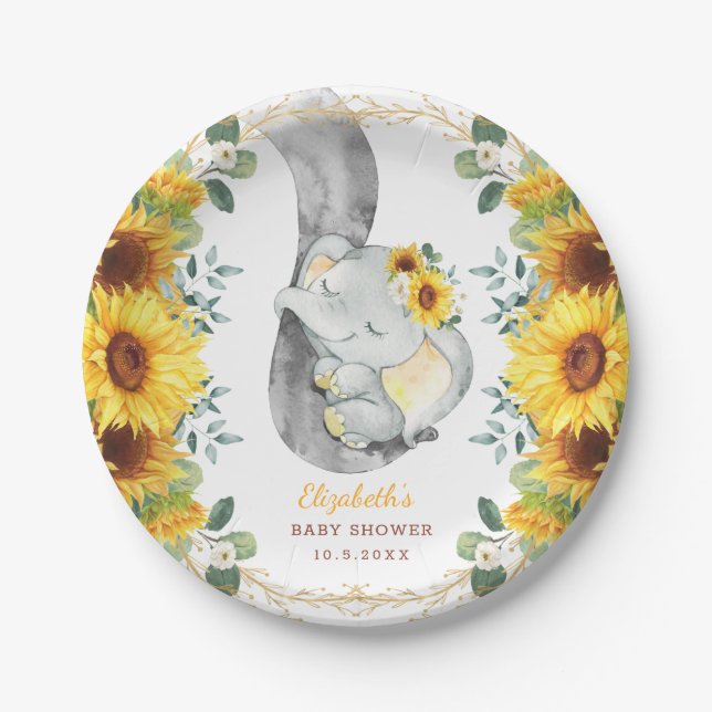 Sweet Boho Sunflower Elephant Baby Shower Birthday Paper Plate (Front)