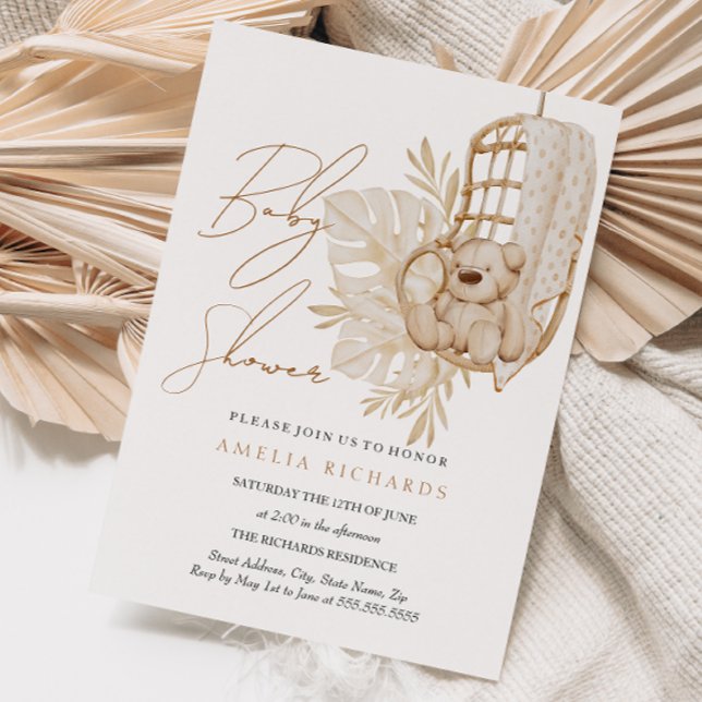 Sweet Boho Teddy Bear Neutral Baby Shower Invitation (Creator Uploaded)