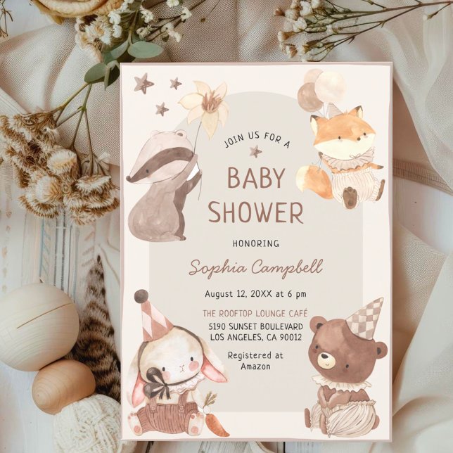 Sweet Boho Watercolor Animal Baby Shower Invitation (.)