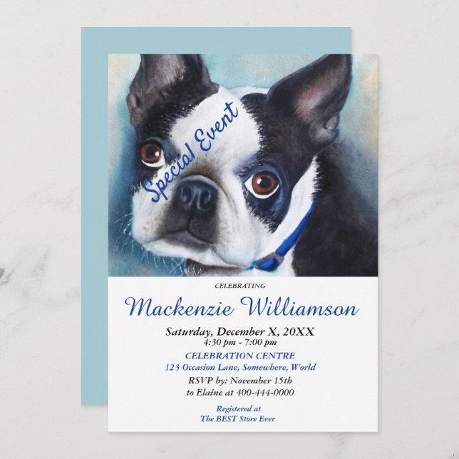 SWEET BOSTON TERRIER PUPPY WISHES HAPPY BIRTHDAY INVITATION (Front/Back)
