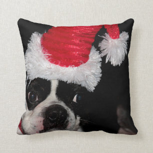 Sweet Boston terrier wearing a Santa hat Cushion