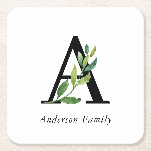 Sweet Botanical Monogram Square Paper Coaster (Front)