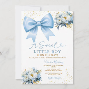 Sweet Boy Blue Bow Coquette Baby Shower Floral Invitation