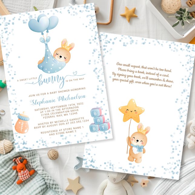 Sweet Boy Bunny with Book Request Baby Shower Invitation (Boy Rabbit Sweet Little Bunny Book Request Baby Shower Invitation)