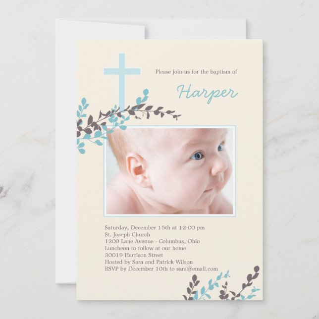Sweet Branches Christening Invitation - Blue (Front)