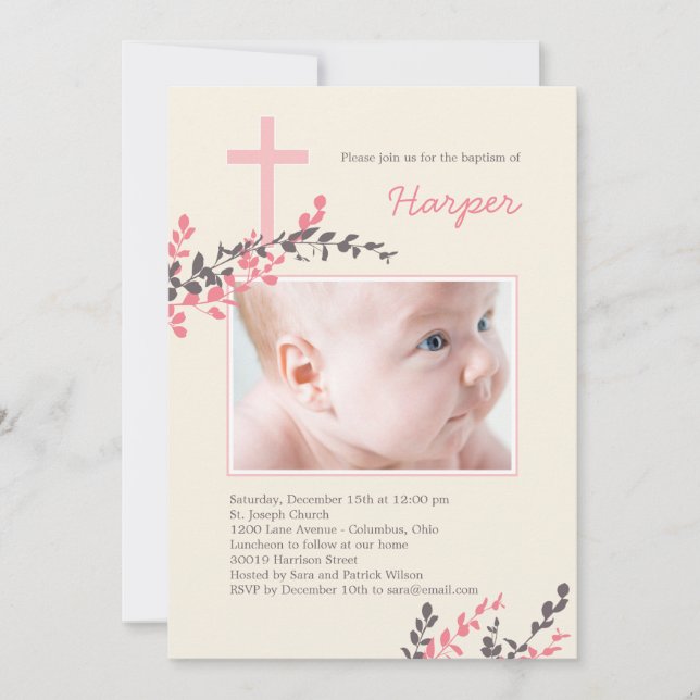 Sweet Branches Christening Invitation - Pink (Front)