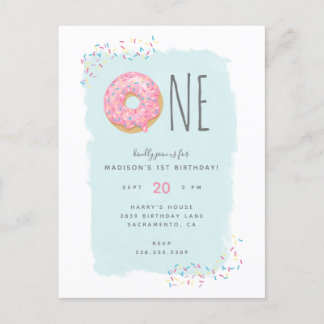 Sweet Bright Pink Doughnut with Sprinkle 1st Birth Invitation Postcard