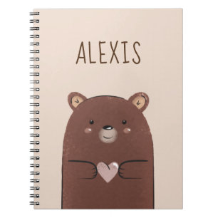 Sweet Brown Baby Bear & Heart Kid's Name Cream Notebook