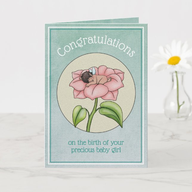 Sweet Brown Baby Girl Fairy Sleeping in a Flower Card (Small Plant)
