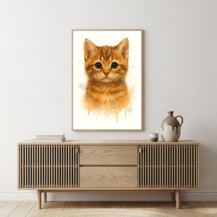 Sweet Brown Tabby Kitten Watercolor Portrait Poster