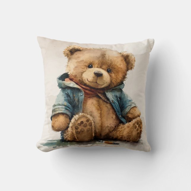 Sweet brown watercolor teddy bear Baby Cushion (Front)