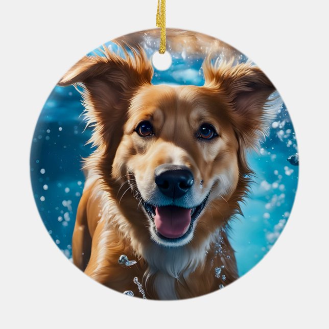 Sweet Brown White Dog Splashing in Water Ornament (Back)