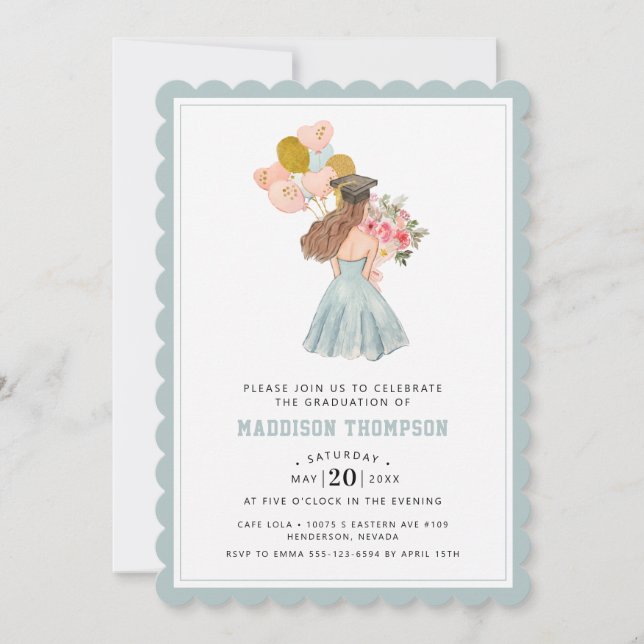 Sweet Brunette Girl Watercolor Graduation  Invitation (Front)