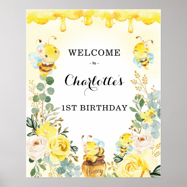 Sweet Bumble Bee Honeycomb Floral Birthday Welcome Poster (Front)