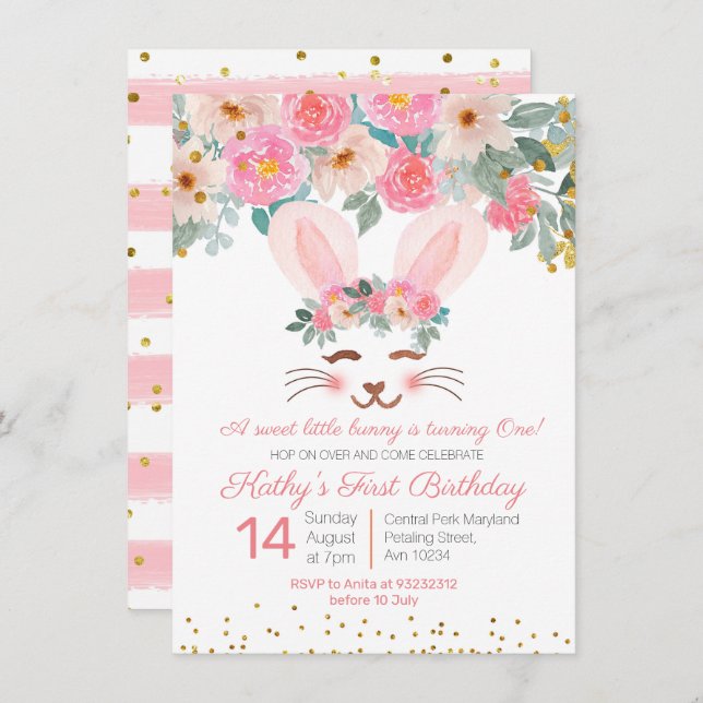 Sweet Bunny first birthday invitation girls floral (Front/Back)