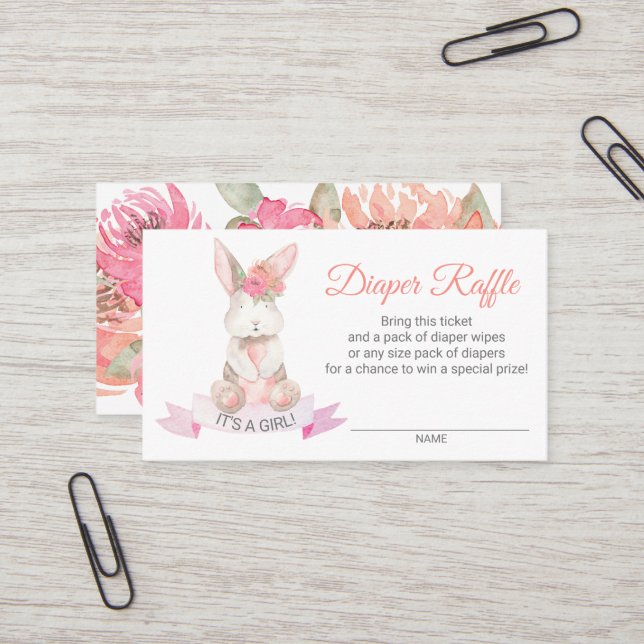 Sweet Bunny Floral Baby Shower Diaper Raffle Business Card (Front/Back In Situ)