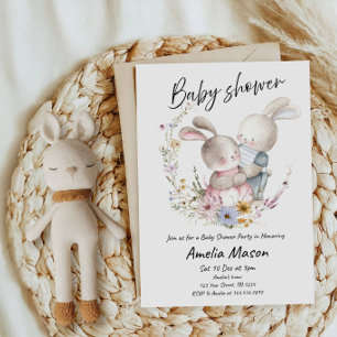 Sweet Bunny & Flowers Baby Shower Party Invitation