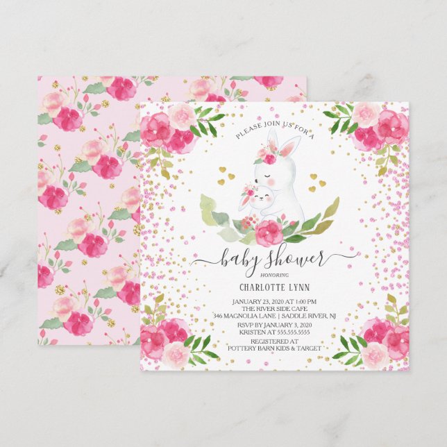Sweet Bunny Girls Baby Shower Invitation (Front/Back)