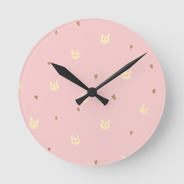 Sweet Bunny & Hearts Seamless Pattern – Cute Pink  Round Clock (Front)