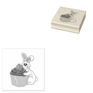 Sweet Bunny Hugging Strawberry Cupcake Rubber Stamp
