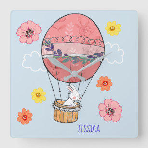 Sweet Bunny in a Hot Air Balloon Nursery Clock