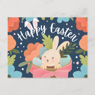 Sweet Bunny in Gift Basket “Happy Easter” Holiday Postcard