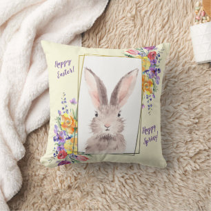 Sweet Bunny in Gold Frame Brightly Coloured Flower Cushion