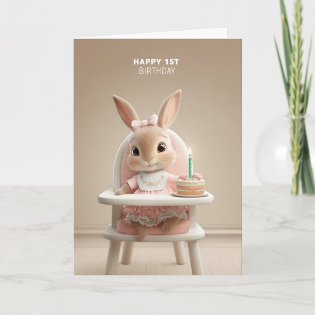 Sweet Bunny in High Chair w/ First Birthday Cake Card (Front)