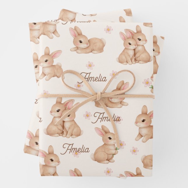 Sweet Bunny Pink Floral Pattern Name Wrapping Paper Sheet (In situ)