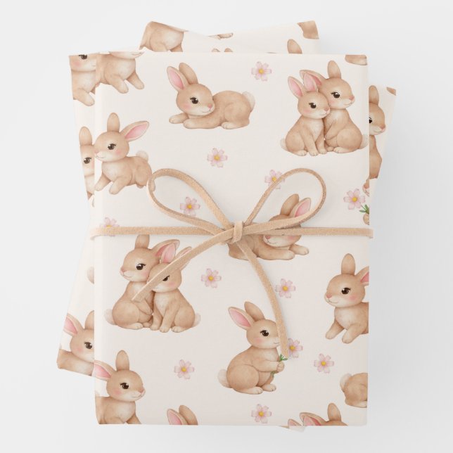 Sweet Bunny Pink Floral Pattern Wrapping Paper Sheet (In situ)