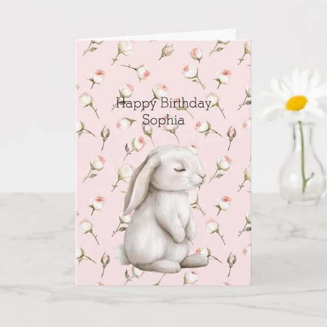 Sweet Bunny Rabbit Roses Pink Floral Birthday Card (Small Plant)