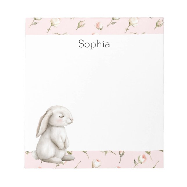 Sweet Bunny Rabbit Roses Pink Floral  Notepad (Front)