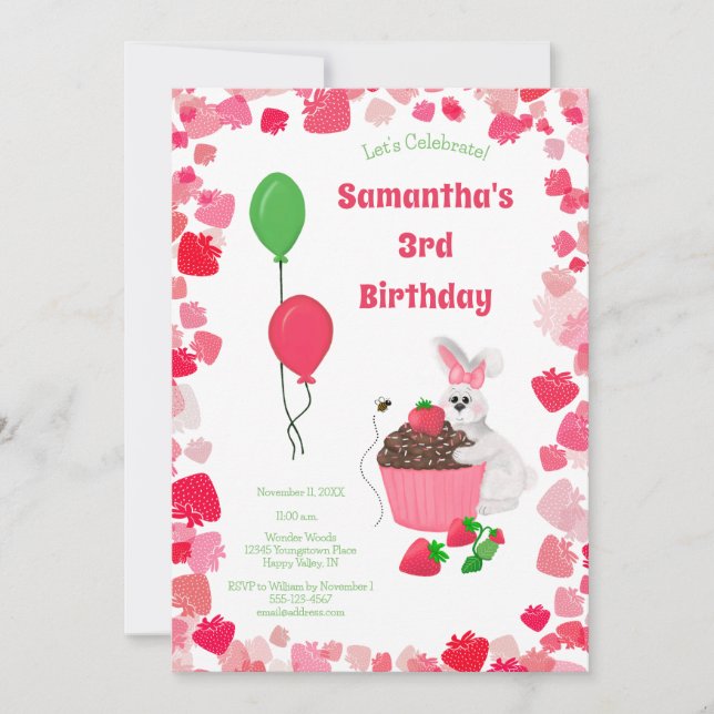 Sweet Bunny & Strawberry Cupcake Girl's Birthday Invitation (Front)