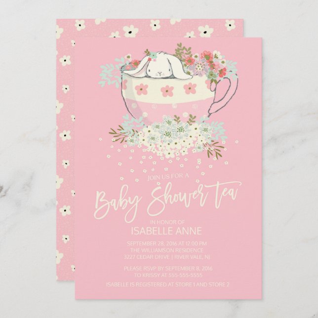 Sweet Bunny Tea Pink Girls Baby Shower Invitations (Front/Back)