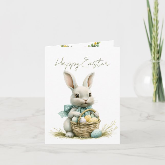 Sweet Bunny Watercolor Floral Easter  Holiday Card (Front)
