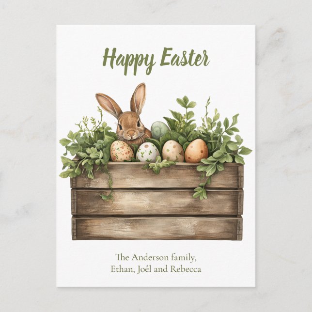 Sweet Bunny Watercolor Plants Eggs Easter  Holiday Postcard (Front)