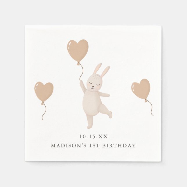 Sweet Bunny with Heart Balloon 1st Birthday Party Napkin (Front)