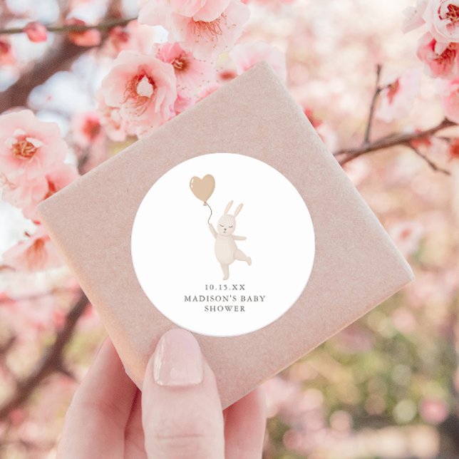 Sweet Bunny with Heart Balloon Baby Shower Date Classic Round Sticker (Creator Uploaded)