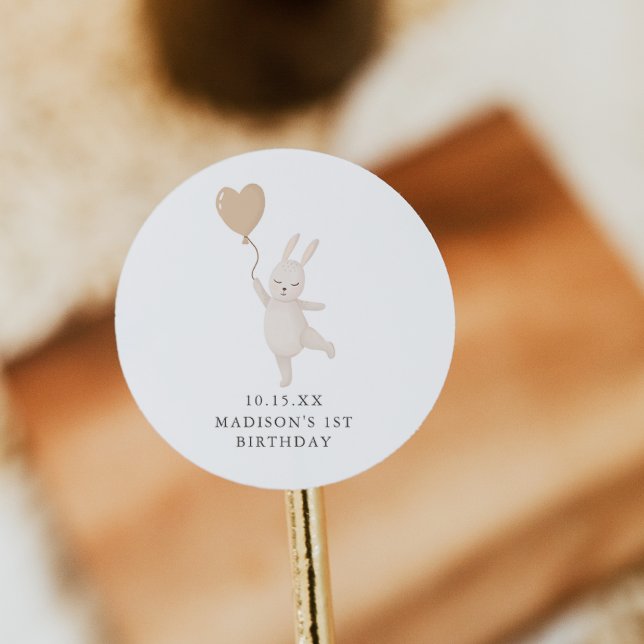 Sweet Bunny with Heart Balloon First Birthday Classic Round Sticker (Creator Uploaded)