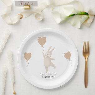 Sweet Bunny with Heart Balloon First Birthday Paper Plate