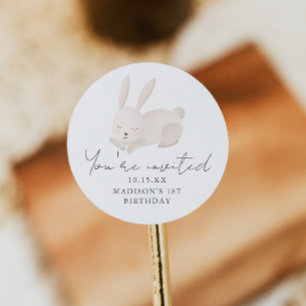 Sweet Bunny You're Invited Script First Birthday Classic Round Sticker