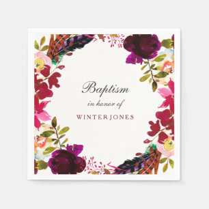 Sweet Burgundy Purple Floral Wreath Baptism Napkin