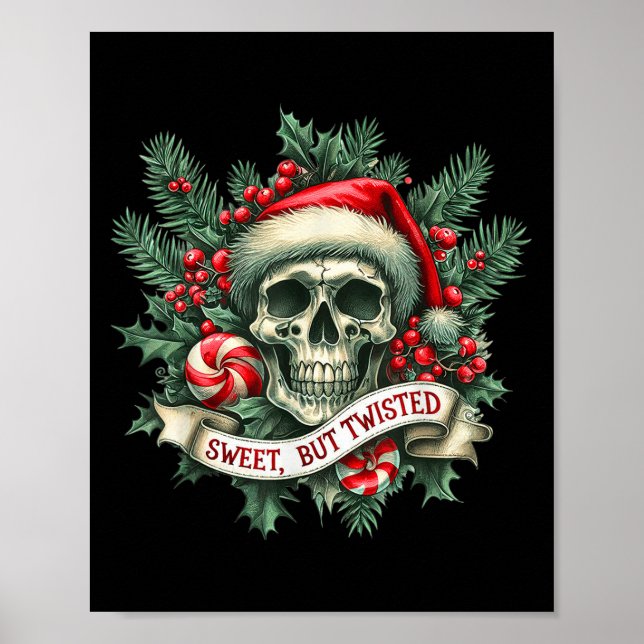 Sweet But Twisted Candy Cane Retro Skeleton Skull  Poster (Front)