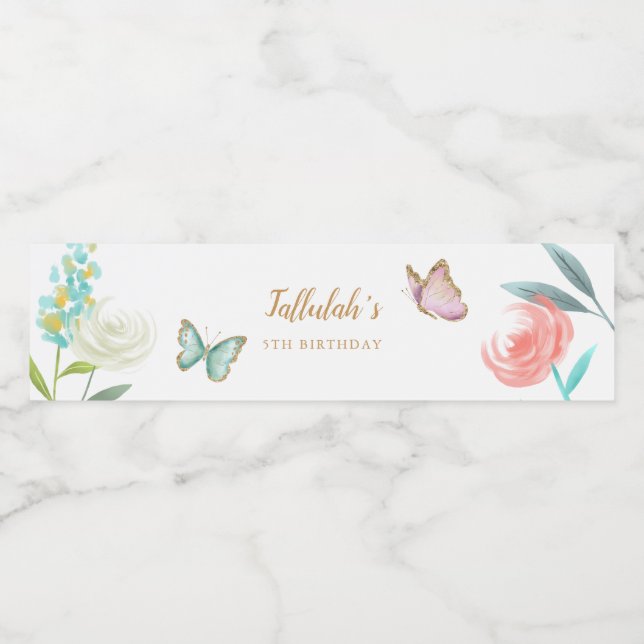 Sweet Butterfly Garden Girl Birthday Party Water Bottle Label (Single Label)